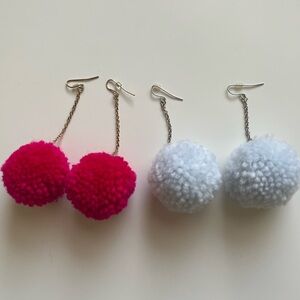 Set of pink and blue pom pom earrings